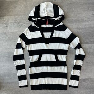 Y2K Yoki V Neck Black and White Striped Knit Hoodie